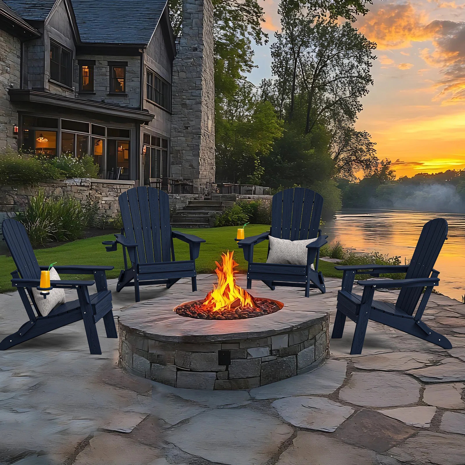 Set of 4 Folding Adirondack Chairs, Wood Texture, Cup Holder, All-Weather HDPE | Wayfair North America