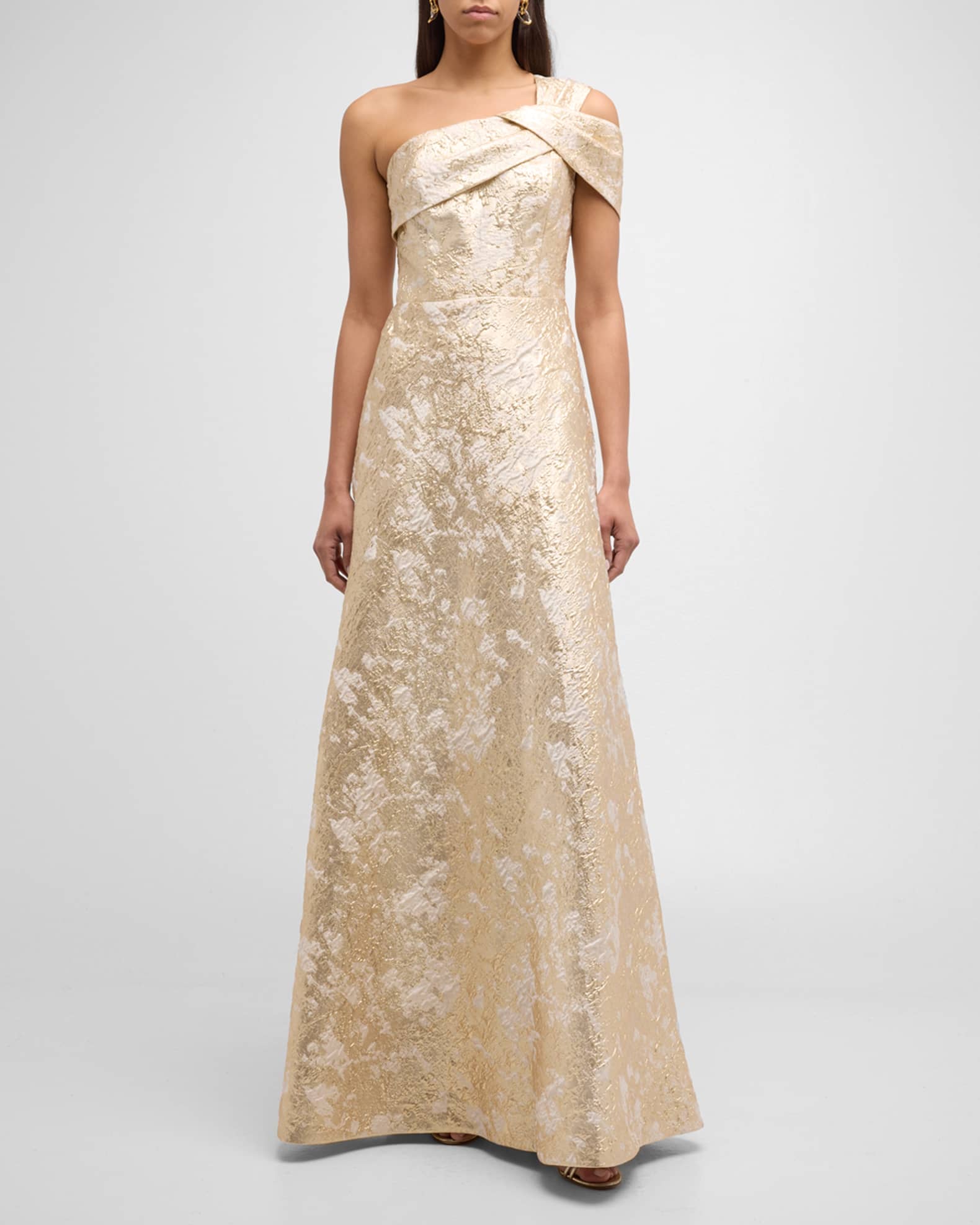 One-Shoulder Metallic Jacquard A-Line Gown | Neiman Marcus