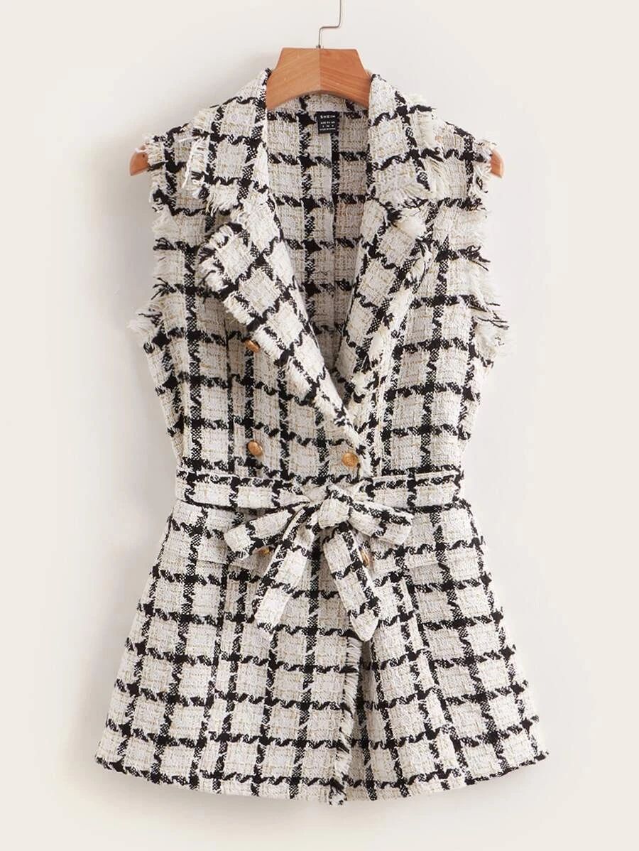 SHEIN Felegant Plaid Pattern Raw Trim Belted Tweed Vest Overcoat
   
      SKU: sw210927060164390... | SHEIN