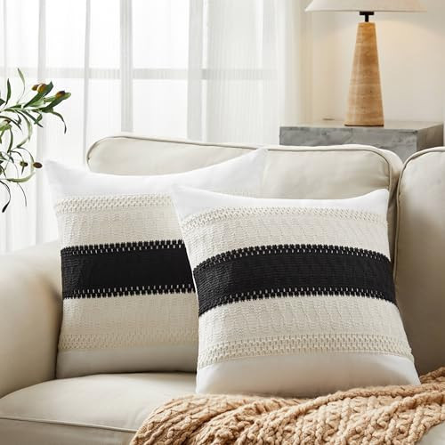 YZJZEDS Soft Cotton Boho Throw Pillow Covers Set of 2, Natural White/Contrast Black 18x18 Inch, Black Farmhouse Decorative Cushion Covers for Sofa Bed Living Room Home Decor | Amazon (US)