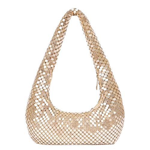 Shimmering Metal Mesh Evening Bag Mini Sparkling Golden Women Evening Shiny Hobo Metallic Purse (Style D Golden) | Amazon (US)