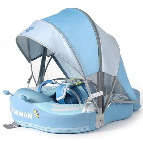 Mambobaby Float Add Tail Baby Swim Float with Canopy Solid Pool Infant Swim Trainer Swimming Training Lying Air Free Water Floats Non-Inflatable Waist Swim Ring for Toddlers (Butterfly - Blue) | Amazon (US)