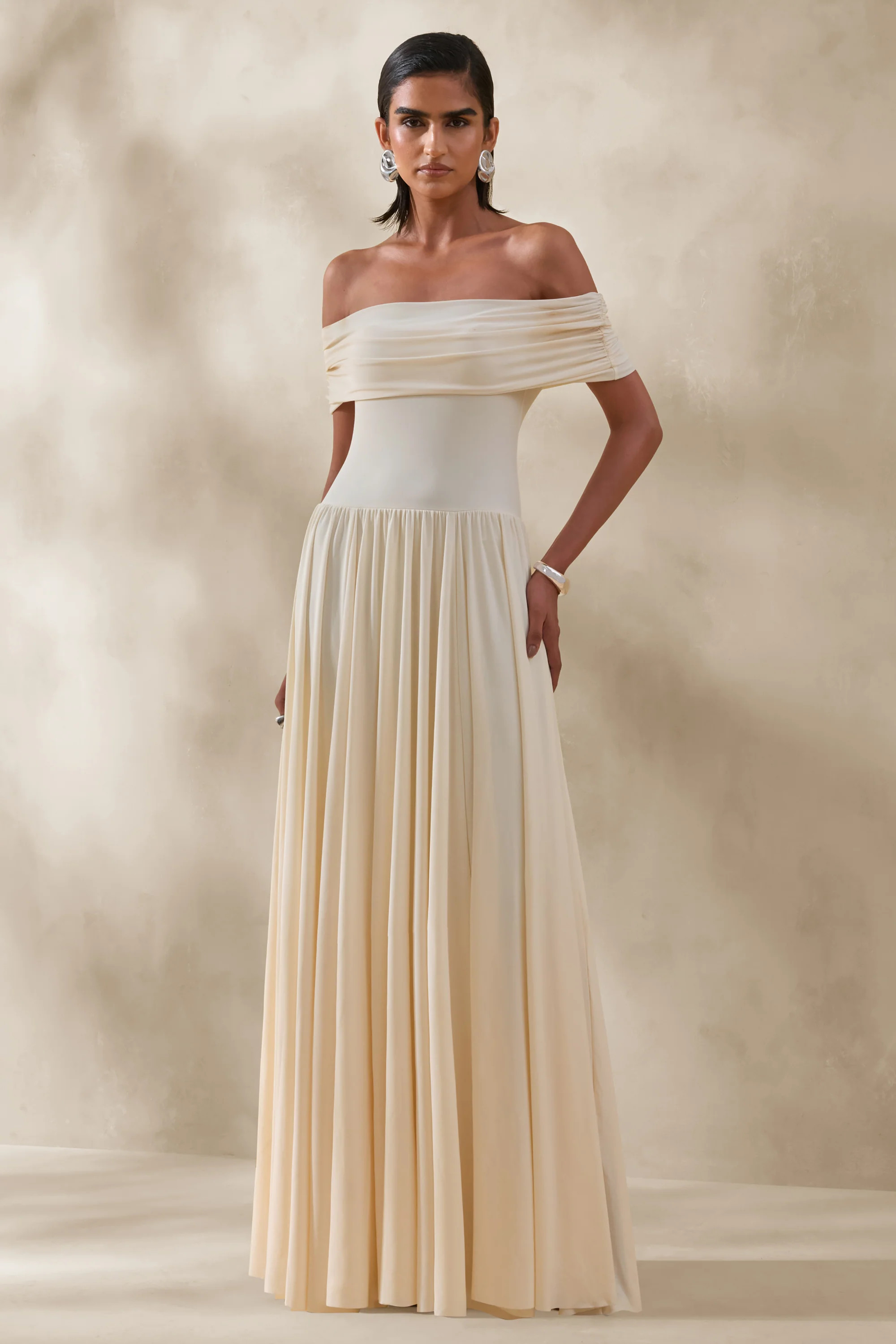 Cindie | Cream Bardot-Neck Maxi Dress | Club L London
