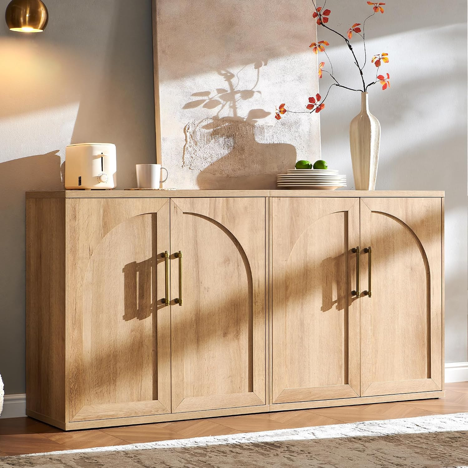 ACCOHOHO Arched Door Sideboard Buffet Cabinet Set of 2, Natural Oak | Amazon (US)