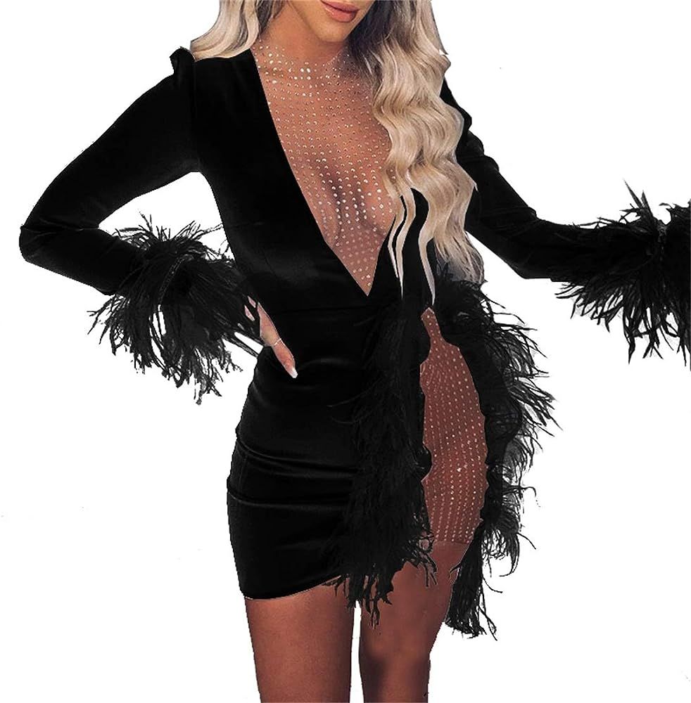 Nhicdns Women Sexy Club Dress Long Sleeve Deep V Neck Party Mini Dresses Feather Sequin Bodysuit | Amazon (US)