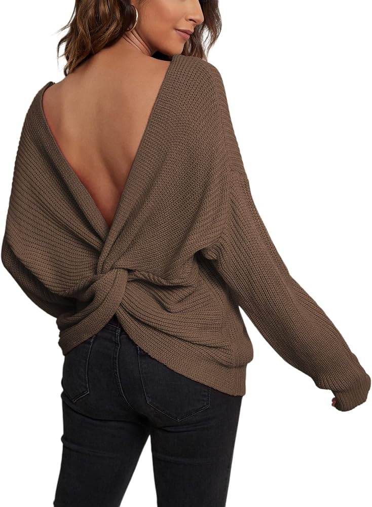 CMZ2005 Women's V Neck Criss Cross Backless Long Batwing Sleeve Sweater Casual Loose Off Shoulder... | Amazon (US)