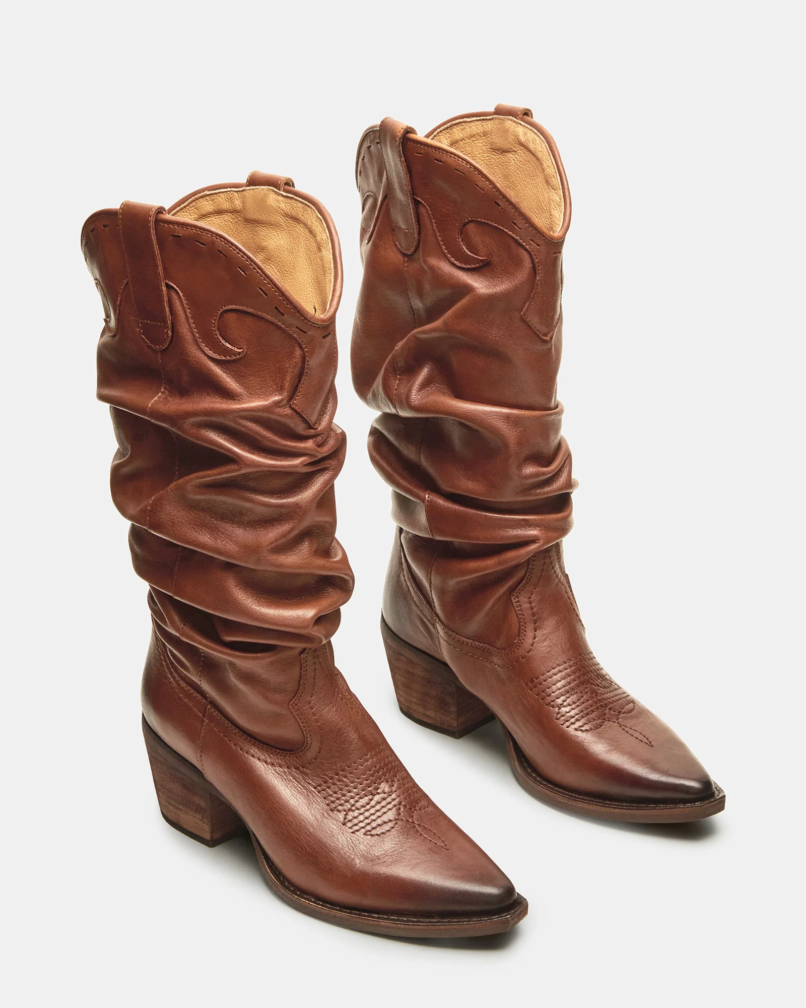 STAGE Cognac Leather Pointed-Toe Scrunched Western Women's Boot | Steve Madden (US)