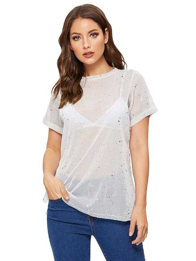 WDIRARA Women's Glitter Sheer See Through Short Sleeve Mesh Top Tee Blouse | Amazon (US)