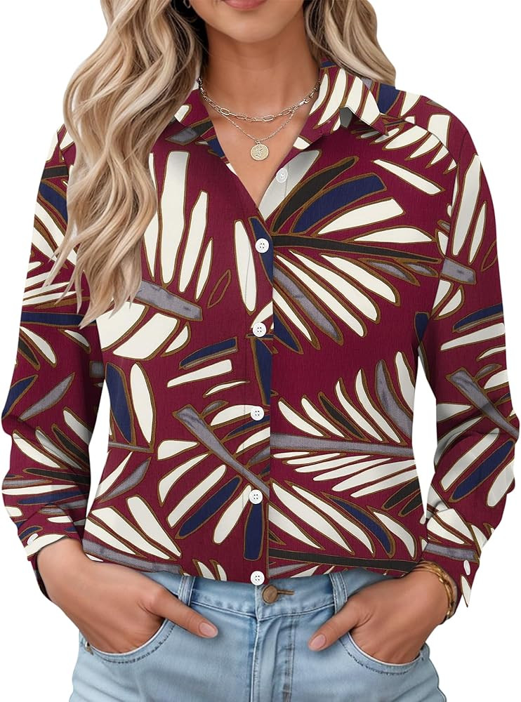 LOMON Womens Long Sleeve Button Down Shirts Casual Loose Fit Cotton Collared Blouses | Amazon (US)