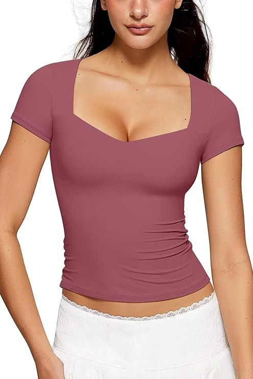 Vertvie Women Sweetheart Neckline Top Double Lined Short Sleeve T Shirts Slim Fitted Cute Basic T... | Amazon (US)
