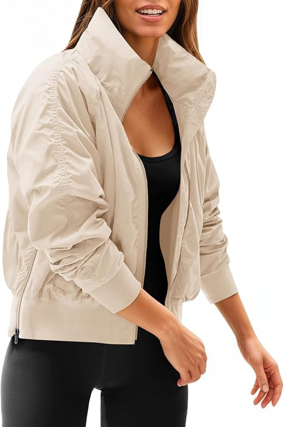 Fisoew Womens Windbreaker Crop Jackets Long Sleeve Zip Up Hidden Hooded Winter Bomber Jacket with... | Amazon (US)