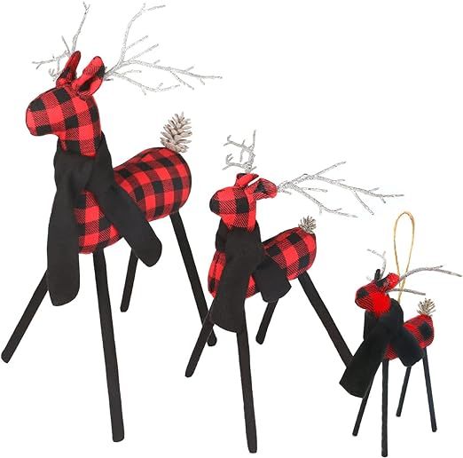 Christmas Reindeer Family 3 Pieces Set - Black Red Plaid Reindeer Figurine with Antlers Twine Pen... | Amazon (US)