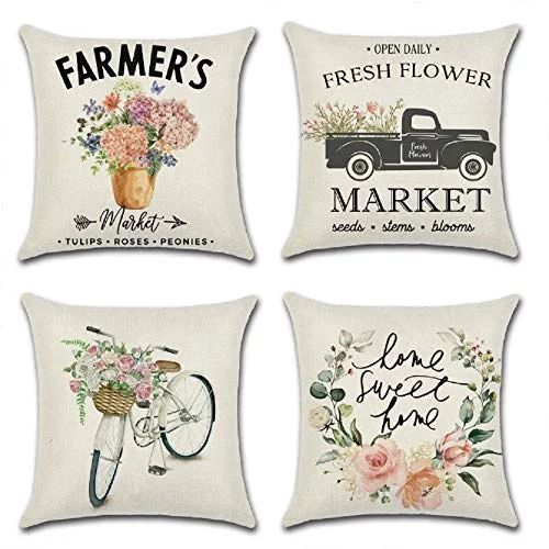 Farmhouse Floral Throw Pillow Covers - Set of 4 Vintage Truck Bicycle Flower Home Decorations Spr... | Walmart (US)
