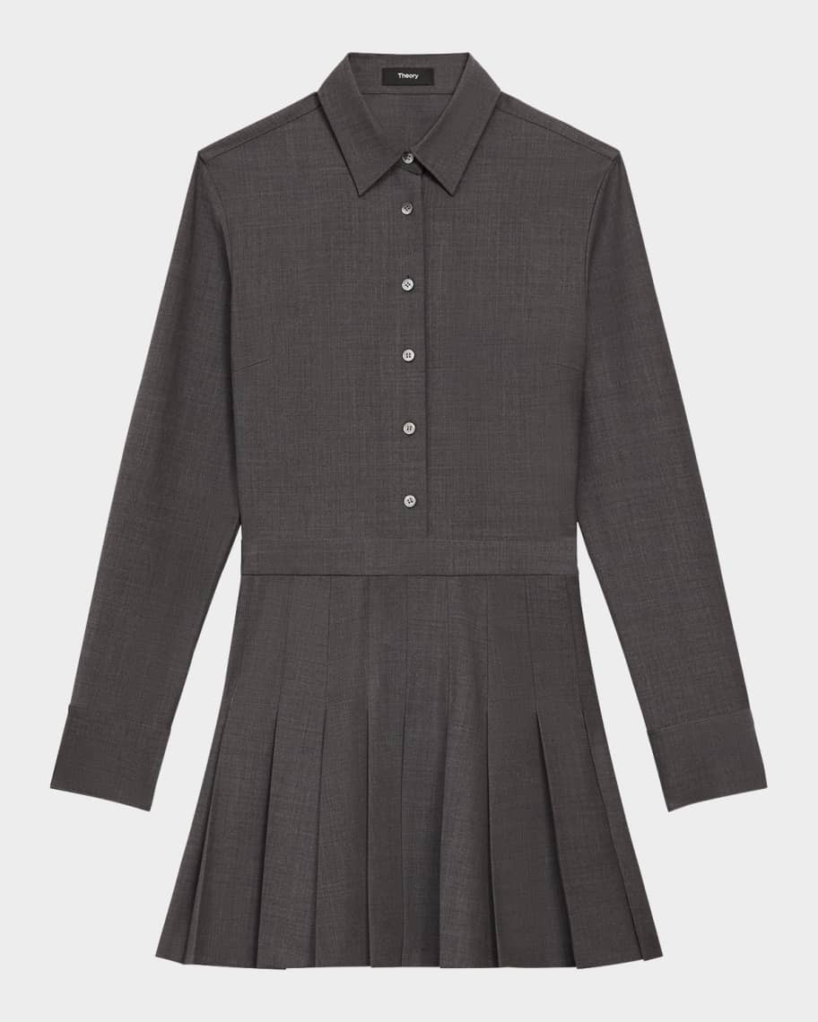 Theory Pleated Wool Suiting Long-Sleeve Mini Shirtdress | Neiman Marcus