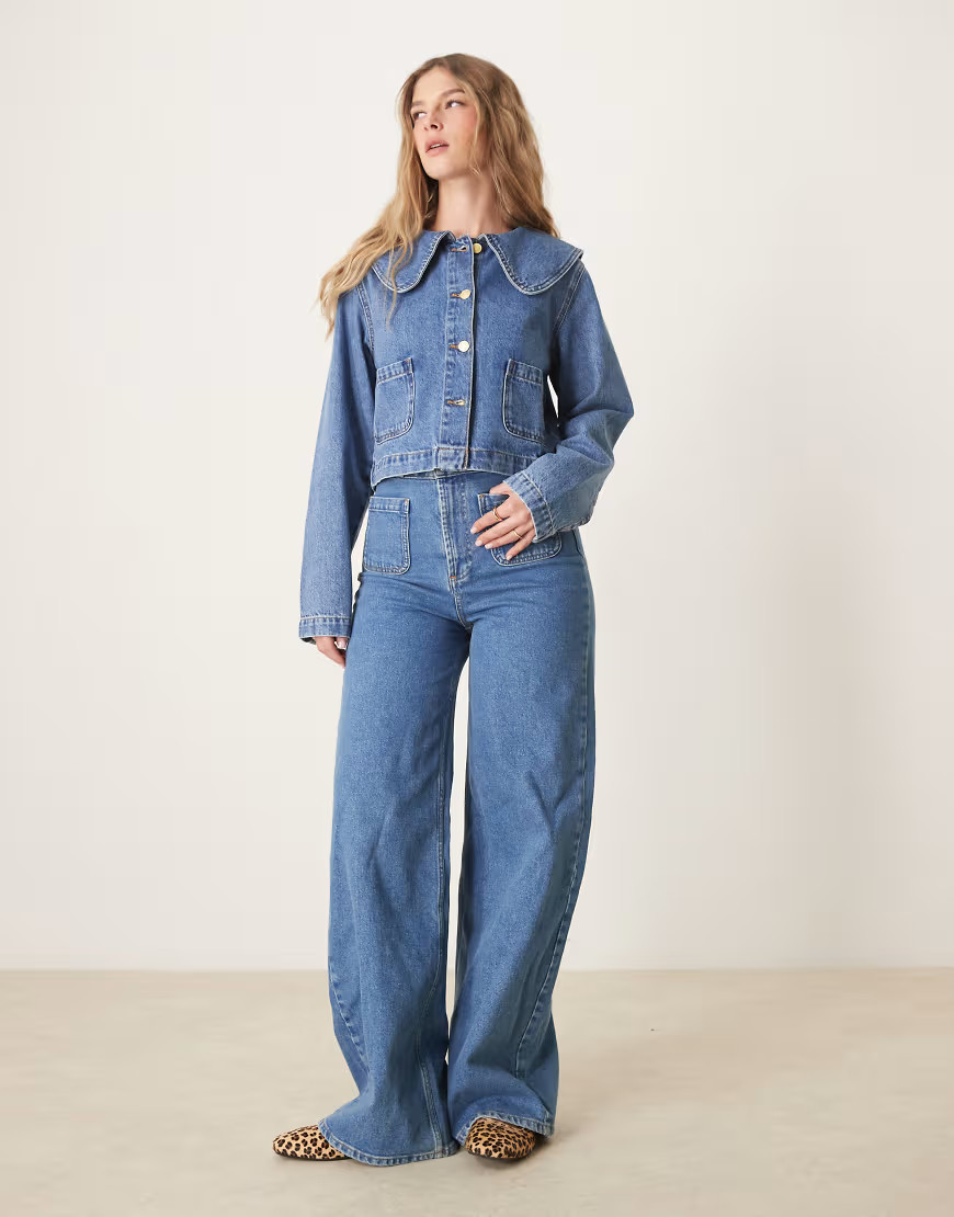 ASOS DESIGN denim jacket with round collar in mid blue - part of a set | ASOS (Global)