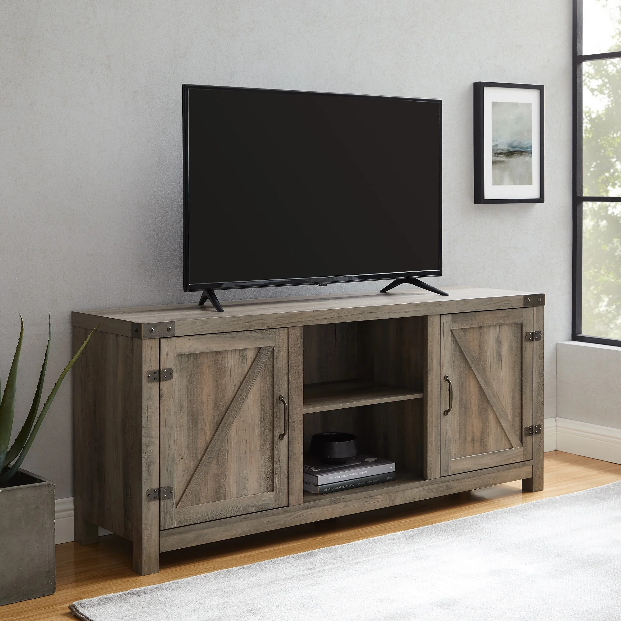 Woven Paths Modern Farmhouse Barn Door TV Stand for TVs up to 65", Grey Wash - Walmart.com | Walmart (US)