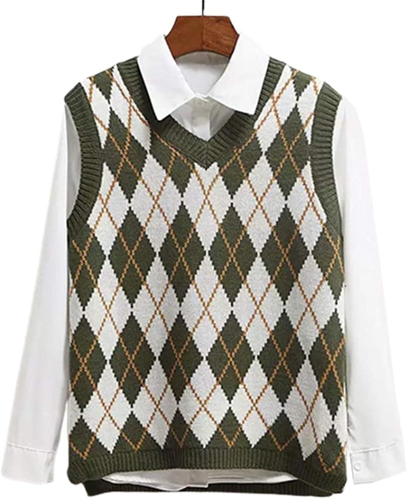Lailezou Women's V Neck Knit Sweater Vest Argyle Plaid Preppy Style Sleeveless Crop Knitwear Tank | Amazon (US)