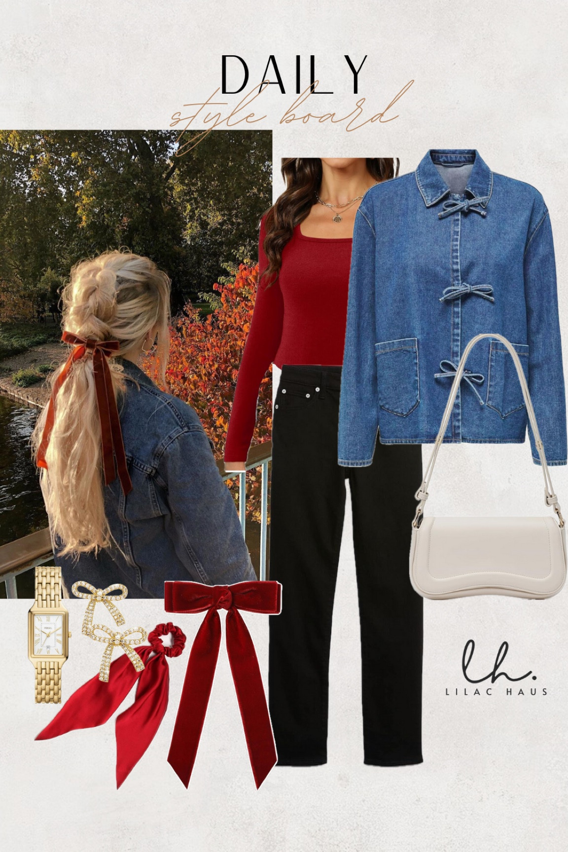 Effortless holiday fit! 
•straight leg black jeans
•fitted cranberry top
•girly jean jacket 
•dainty accessories 



#LTKHoliday #LTKStyleTip #LTKFindsUnder50