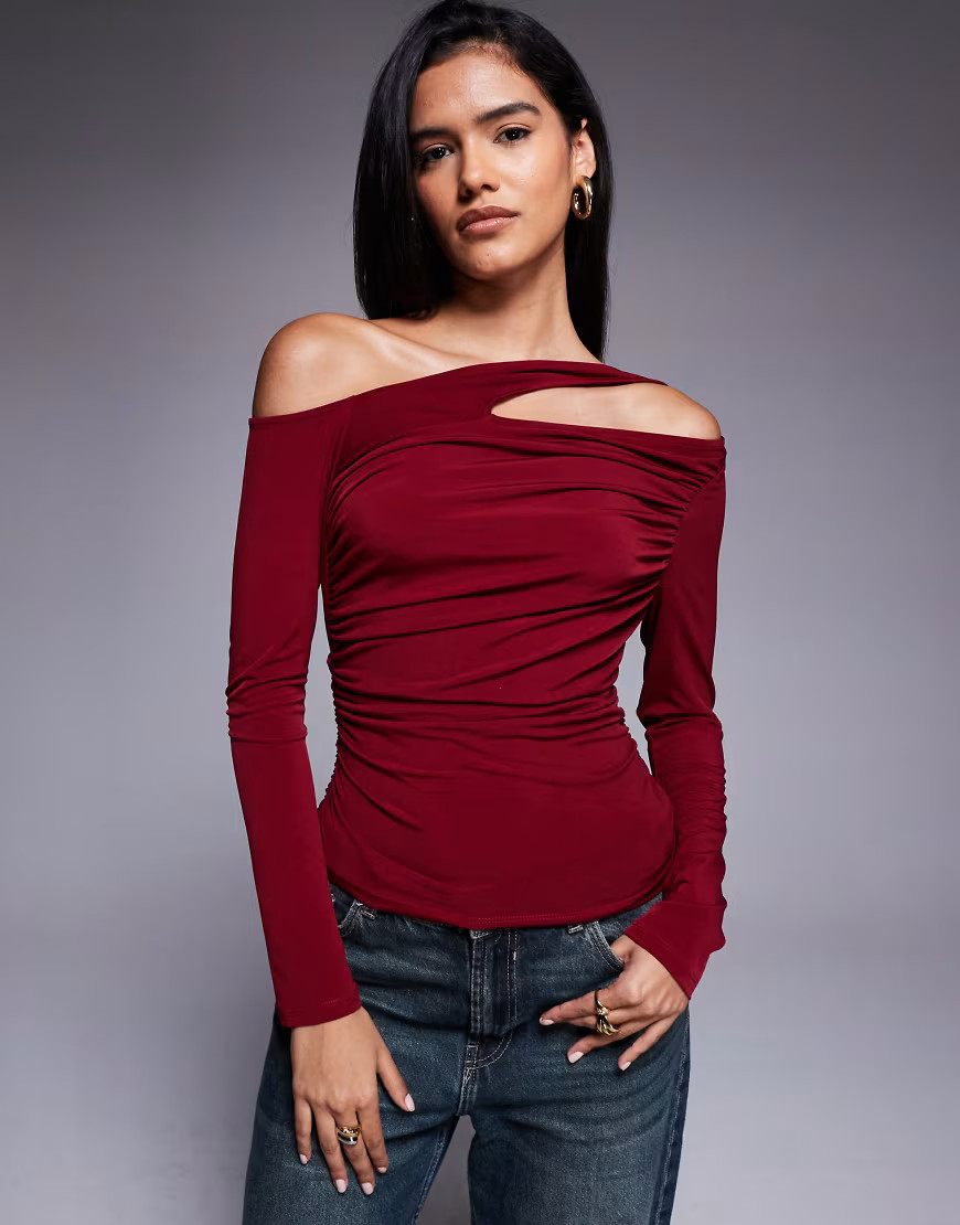 ASOS DESIGN asymmetric slinky long sleeve top with cut out in burgundy-Red | ASOS (Global)