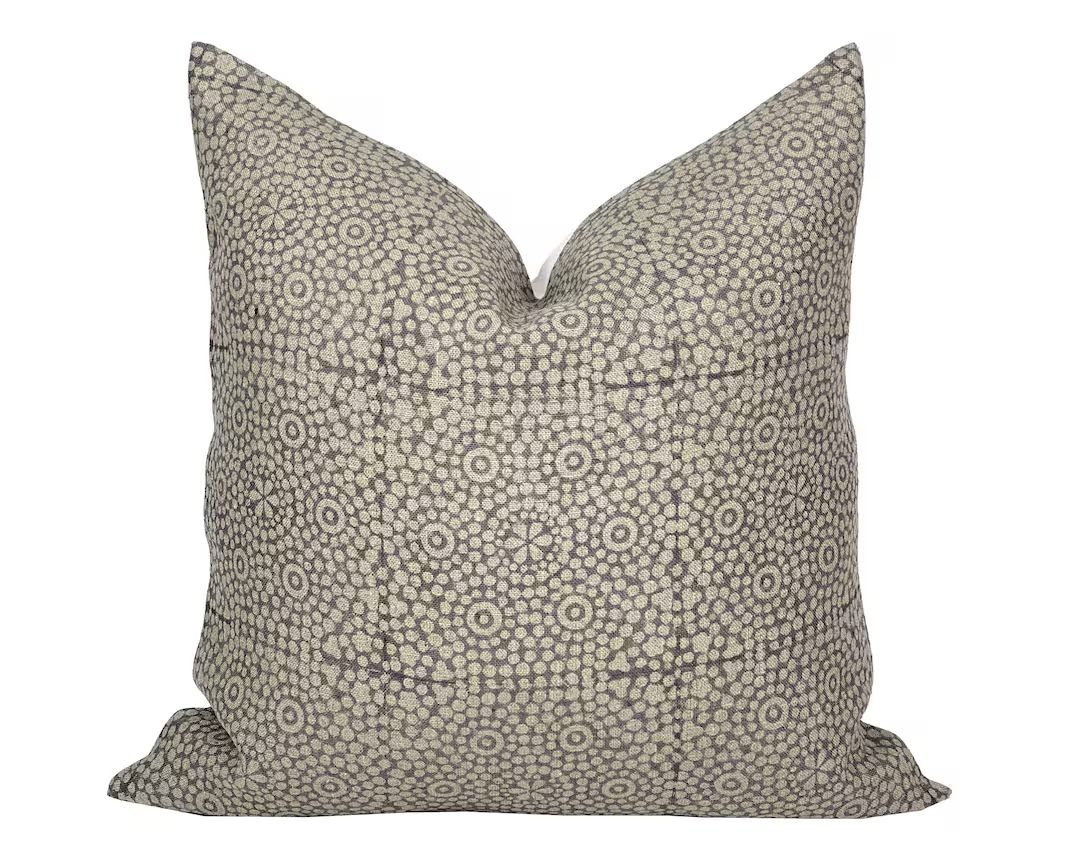 GAIA  Designer Grey Tan Linen Pillow Cover Block Print - Etsy | Etsy (US)