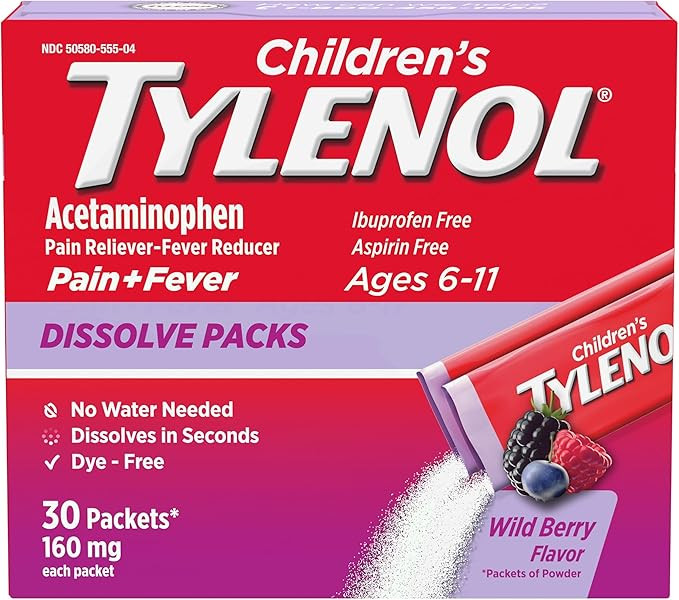 Tylenol Children's Dissolve Packs for Pain Relief, Fever Medication, 160 mg Acetaminophen, Dye Fr... | Amazon (US)
