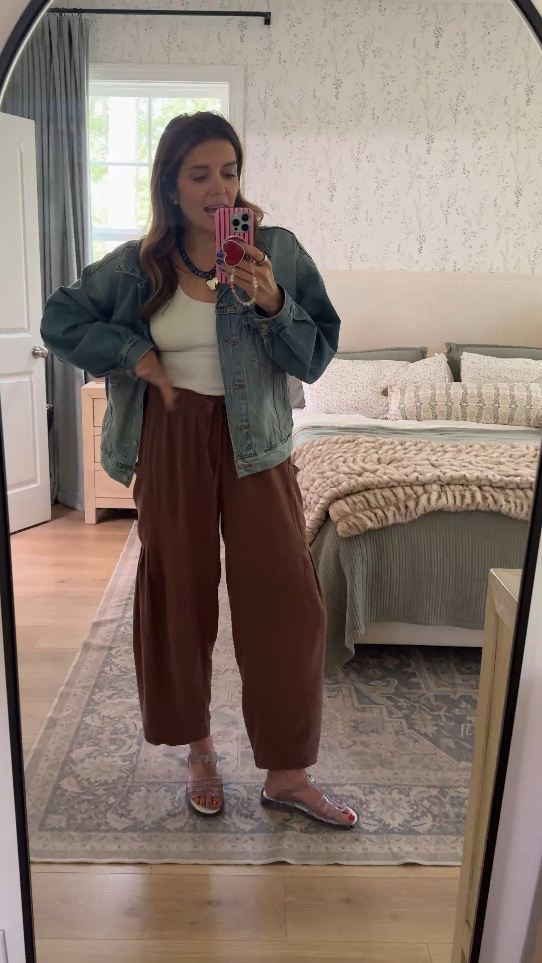 One of my favorite go-to outfit formulas! I’m 5’7”. Medium in linen pants and bra tank. Small in denim jacket. Jelly sandals tts and 50% off!  

#LTKootd #LTKSaleAlert #LTKOver40