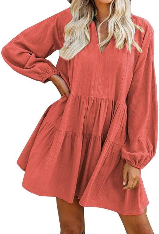 Women’s Cute Shift Dress with Pockets Fully Lined Bell Sleeve Ruffle Hem V Neck Loose Swing Tun... | Amazon (US)