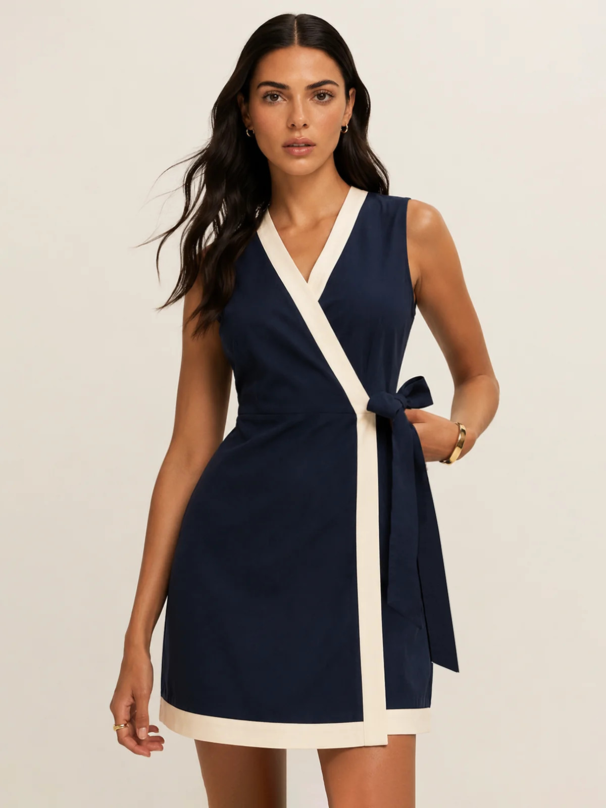 Contrast Trim Wrap Tie Sleeveless Cotton Dress | Commense
