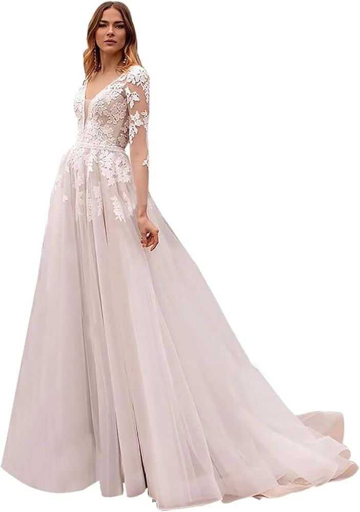 Lace Wedding Dresses for Bride 2024 Applique Empire Chapel Tulle A-Line V-Neck Bridal Gowns with ... | Amazon (US)