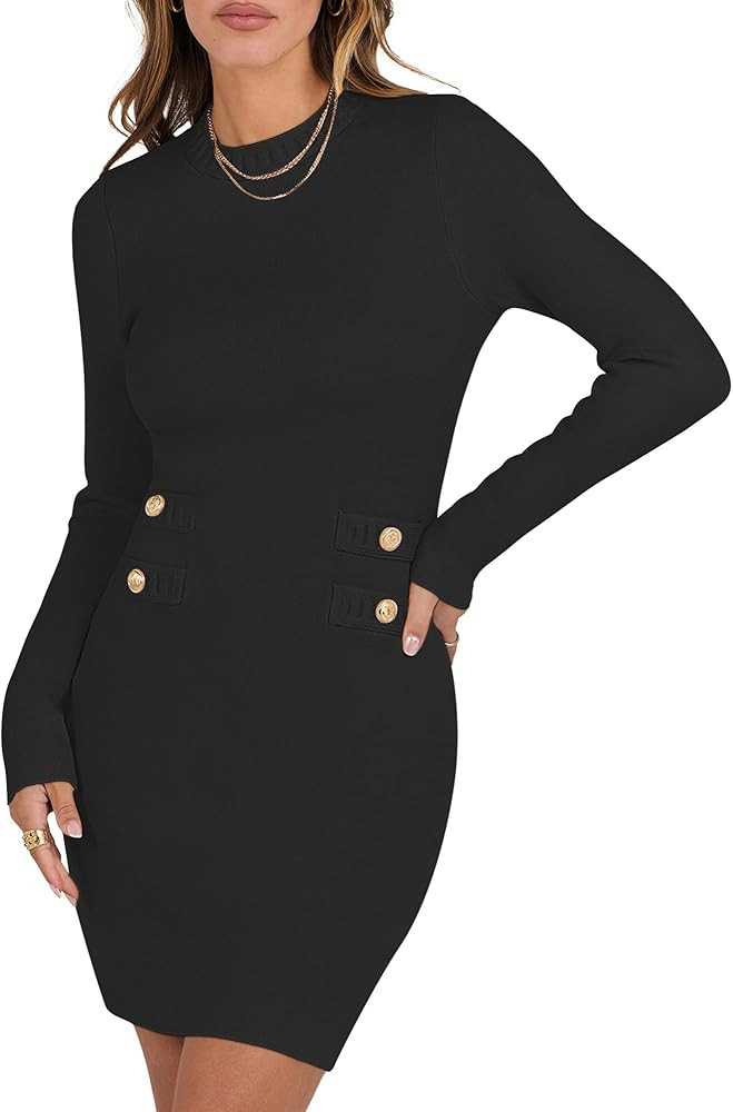 ANRABESS Women Long Sleeve Casual Buttons Knit Bodycon Short Sweater Dress 2024 Fall | Amazon (US)