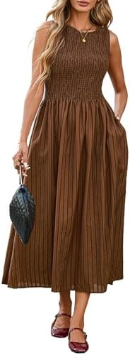 YEXPINE Women's Striped Smocked Sundress Sleeveless Swing A Line Beach Midi Dress with Pockets | Amazon (US)