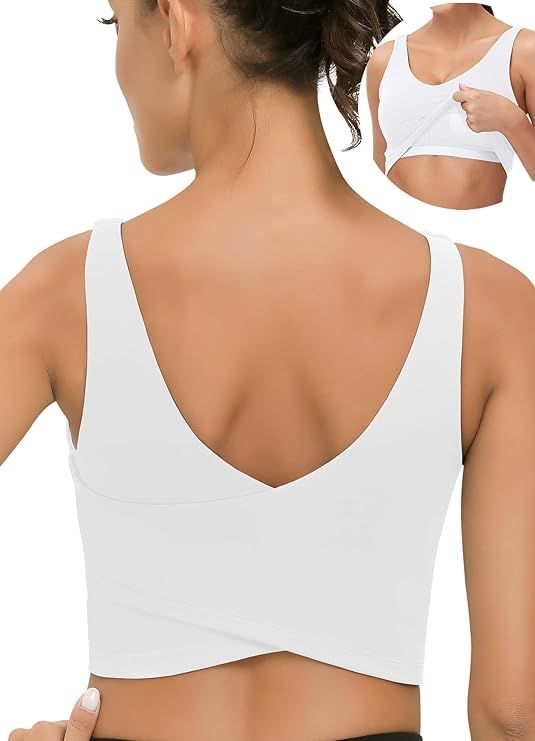 V Neck Built in Bra Longline Sports Bras for Women Padded Medium Support Workout Crop Tops for Ru... | Amazon (US)