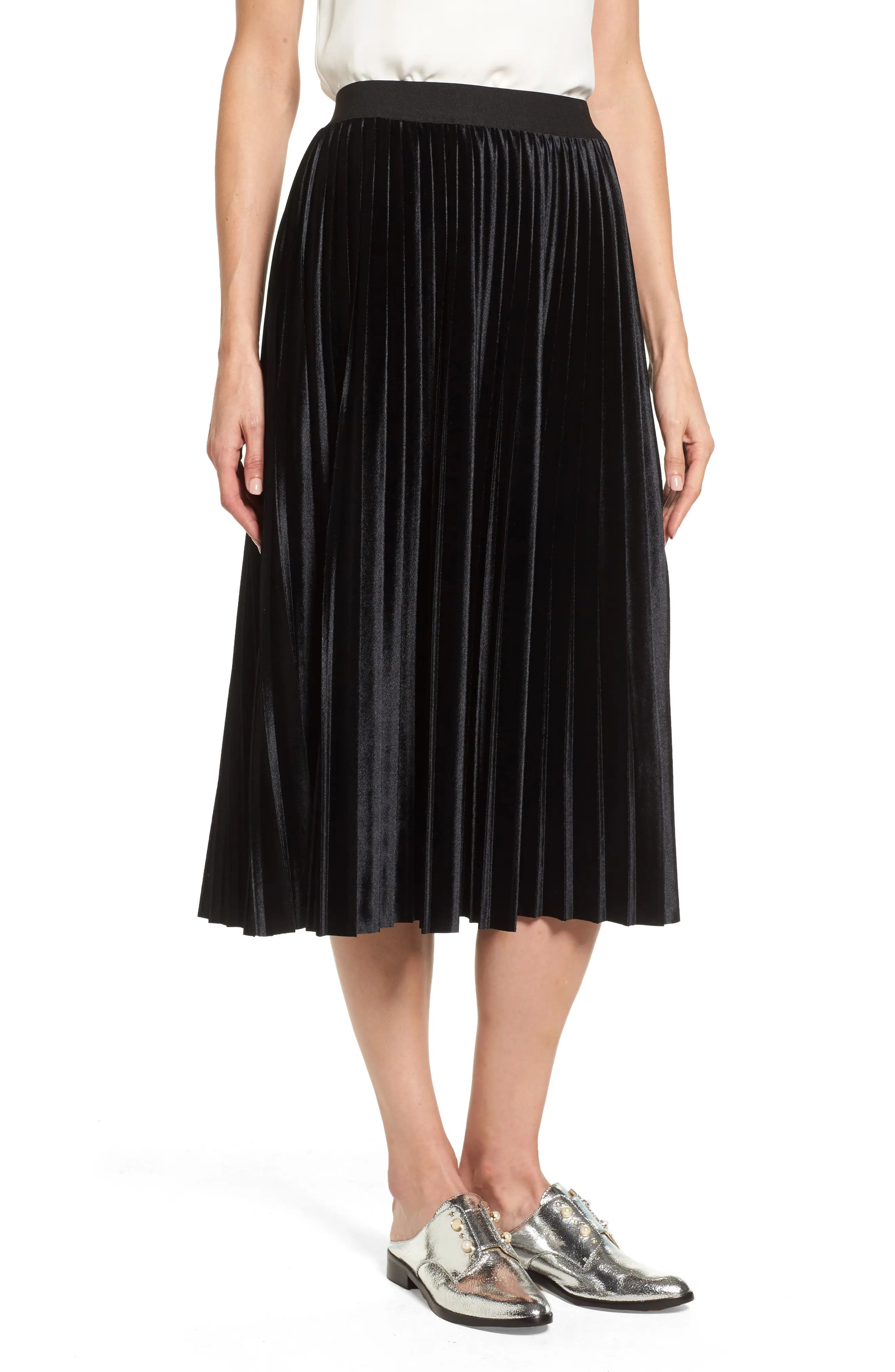Women's Halogen Velvet Pleated Midi Skirt, Size X-Small - Black | Nordstrom