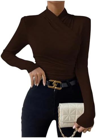 SweatyRocks Women's Ruched Mock Neck Long Sleeve T Shirt Solid Slim Fitted Tee Tops | Amazon (US)