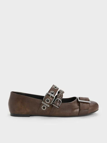 Dark Brown Aether Grommet Studded Mary Jane Flats | CHARLES & KEITH | Charles & Keith US