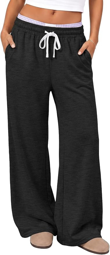 AUTOMET Womens Wide Leg Lounge Sweatpants Baggy Pajama Pants with Pockets | Amazon (US)