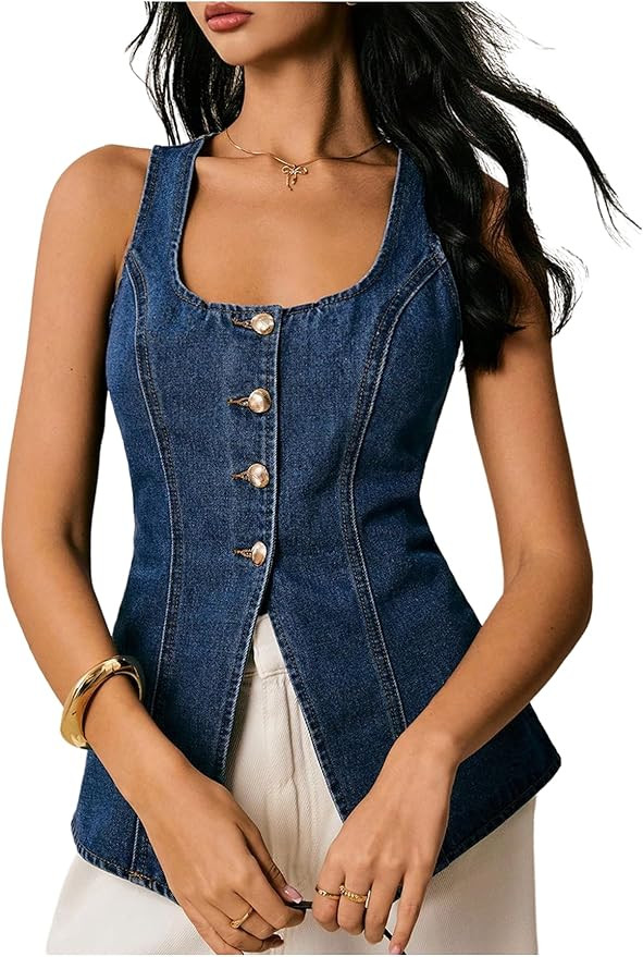 Floerns Women's Y2k Button Down Denim Vest Sleeveless Square Neck Going Out Jean Tank Top       
... | Amazon (US)