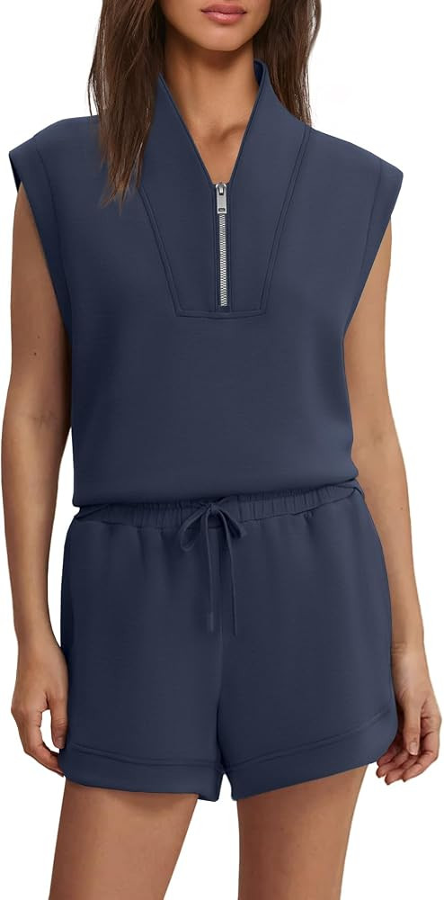 Womens 2 Piece Lounge Set Buttery Soft Oversized Half Zip Sleeveless Pullover High Rise Shorts Su... | Amazon (US)