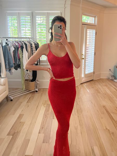 Sparkly red set. This is great for vacation. I’m wearing a size extra small but will probably size up to a small in the skirt.! 

#LTKtravel #LTKstyletip