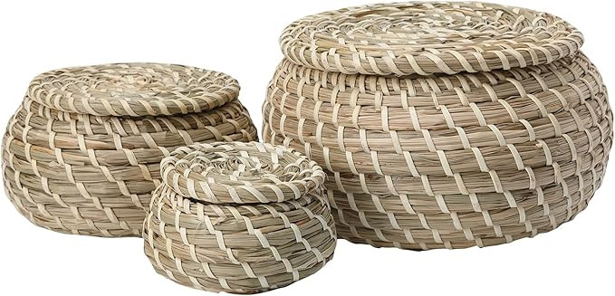 Small Wicker Basket with Lid, Round Woven Set of 3 Seagrass Baskets, Little Handmade Rattan Stora... | Amazon (US)