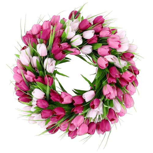 U'Artlines 20 Inch Tulip Wreath for Front Door, Spring Summer Silk Wreath with Green Leaves Artificial Tulip Flower Wreaths for All Seasons Window Wall Wedding Valentines Day Decor | Amazon (US)