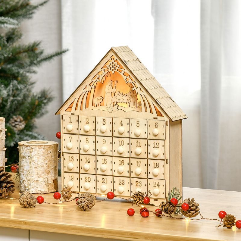HOMCOM Christmas Advent Calendar, Light Up Manger Scene Tabletop Xmas Wooden House Holiday Decora... | Target