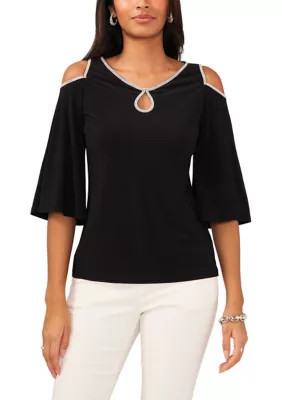 MSK Women's Cold Shoulder Keyhole Neck Top, Black, Medium | Belk