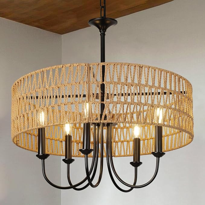 24 Inch Farmhouse Rattan Chandelier, Hand-Woven Boho Pendant Light Fixture with Black Metal Frame... | Amazon (US)