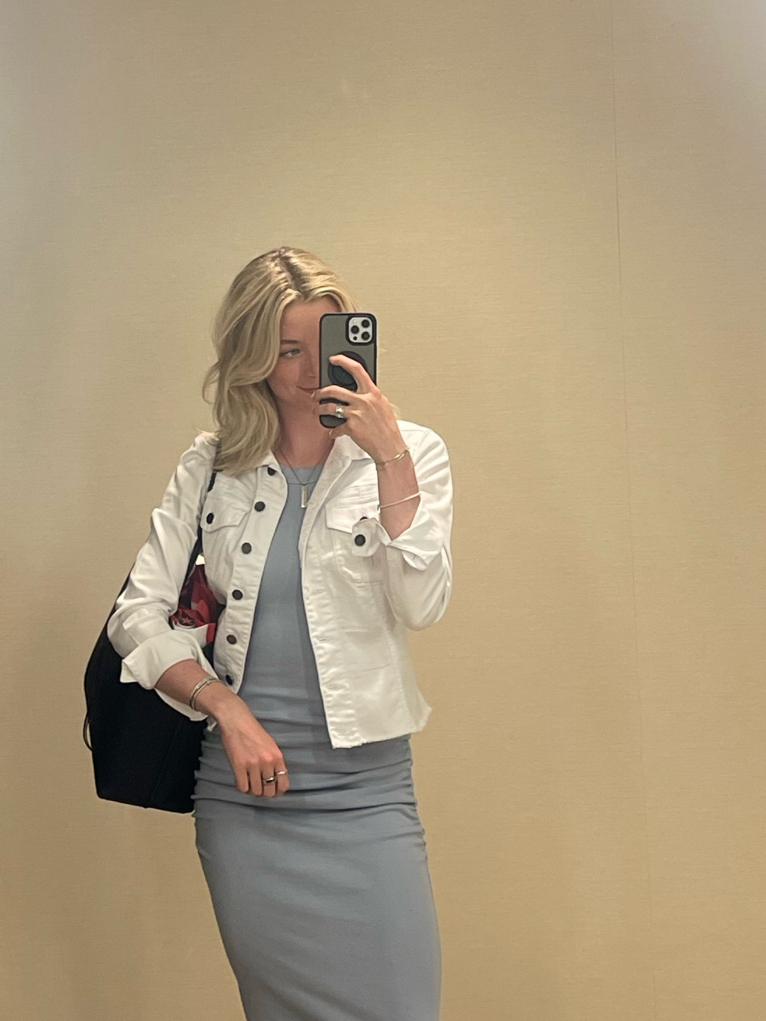 Work outfit, summer outfit, spring dress, work dress, work bag, jean jacket 

#LTKStyleTip #LTKWorkwear #LTKSeasonal