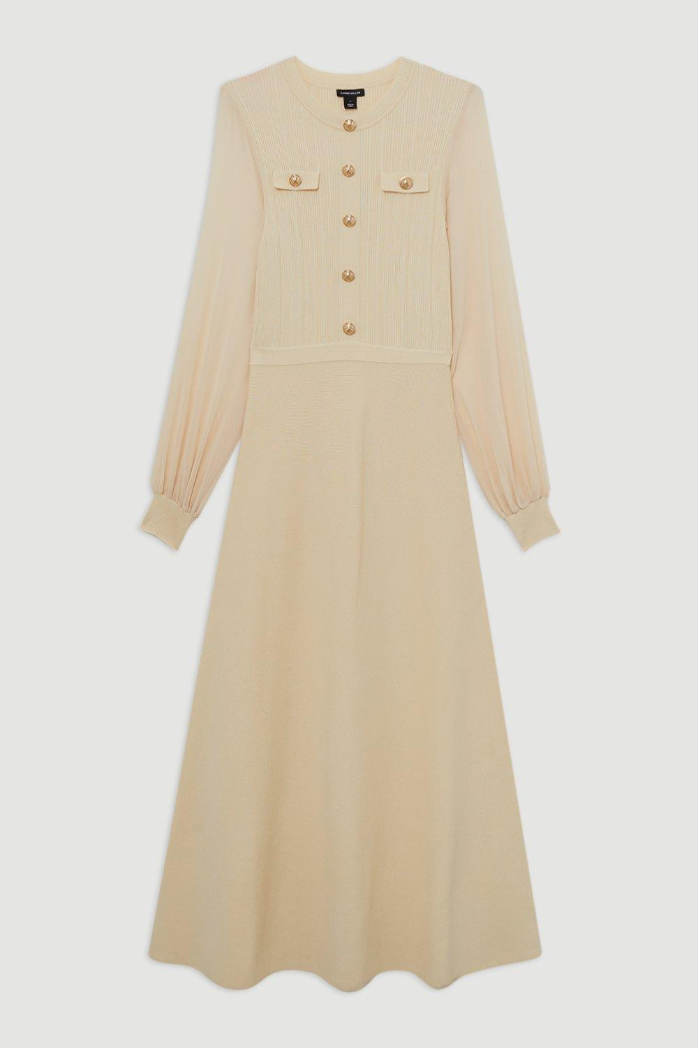 Viscose Blend Maxi Knit Dress With Chiffon Sleeve Military Trim | Karen Millen US