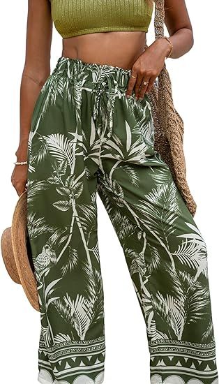 CUPSHE Women Pants Tropical Wide Leg Resort Boho Loose Fit Pant Casual Beach | Amazon (US)