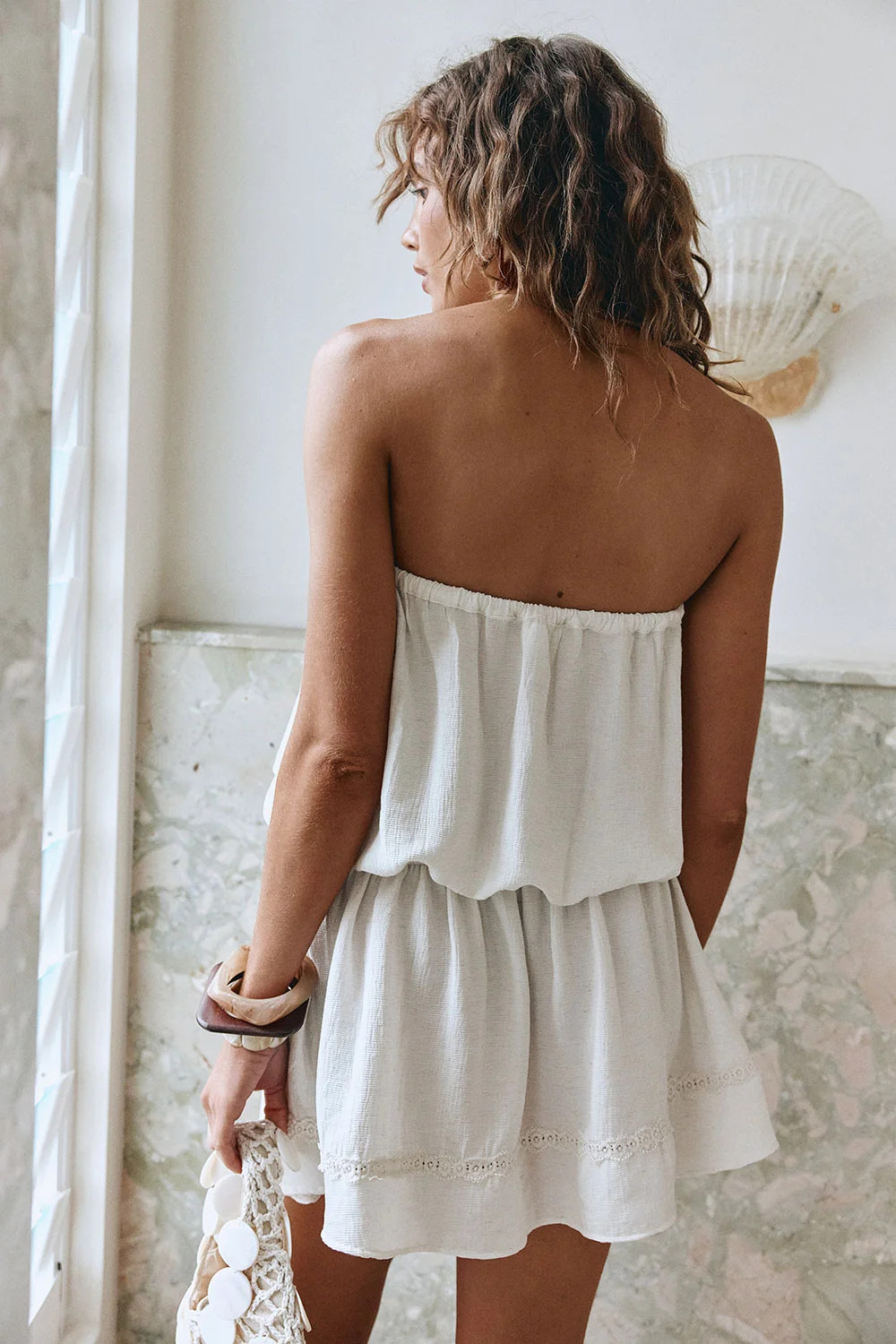 Beige Strapless Gathered Mini Danelle Dress | Sabo Skirt AU