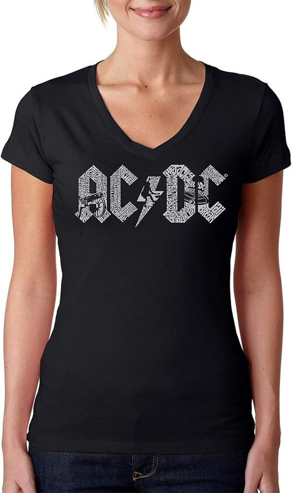 LA POP ART ACDC Song Title Word Art V-Neck T-Shirt Women\u2019s, Officially Licensed | Amazon (US)