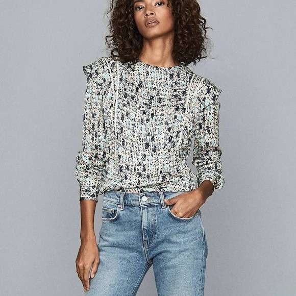 [reiss] olivia ditsy floral print ruffle shoulder long sleeve zipper blouse 8 | Poshmark